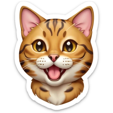 Cinematic Cute Bengal Cat Portrait Emoji, Head tilted playfully and yawning, sleek spotted brown and gold tones, Simplified yet adorable features, highly detailed, glowing with a warm, friendly glow, high shine, curious and affectionate, stylized with a touch of whimsy, bright and alert, soft glowing outline, capturing the essence of a mischievous yet loving kitten, so endearing it feels like it could leap out of the screen and stretch! sticker