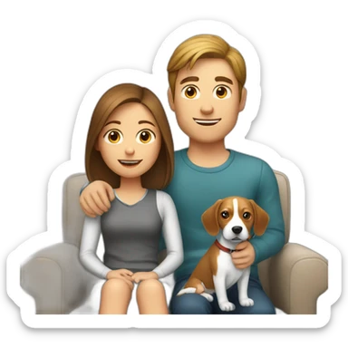 Brown hair White boy and girl with beagle Sit on couch sticker