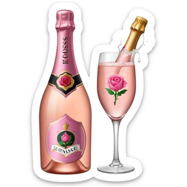 bottle of sparkling rose champagne tilted up and to the right, with a rose logo, no glass sticker