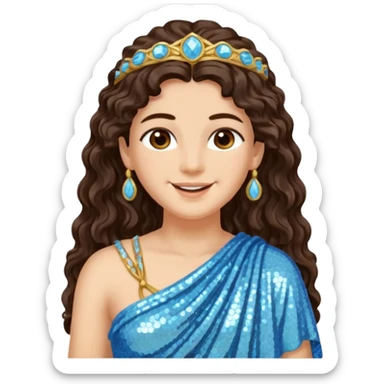 Minerva, Goddess of Wisdom from Roman Deities with long dark brown wavy hair, light blue sequin toga sticker