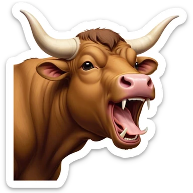 Cinematic Cute Yawning Brown Bull Portrait Emoji, Head tilted slightly with a dramatic, wide-open yawn, showcasing a smooth, rich brown hide with a subtle texture, floppy ears slightly drooping, round dark eyes barely open in drowsy contentment, Simplified yet irresistibly adorable features, highly detailed, glowing with a soft, cozy glow, high shine, relaxed yet expressive, stylized with a touch of rugged whimsy, bright and endearing, soft glowing outline, capturing the essence of a sleepy yet affectionate guardian, so drowsy it feels like it could charge right out of the screen and curl up for a nap! sticker