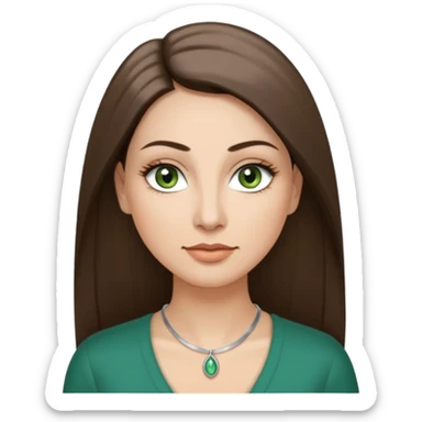 40 year old Adult woman avatar, light skin tone, oval face, long straight ashy brown hair, green almond-shaped eyes with dramatic eyelashes and minimal eyeliner, neutral mouth, medium straight eyebrows, small nose, smooth skin sticker