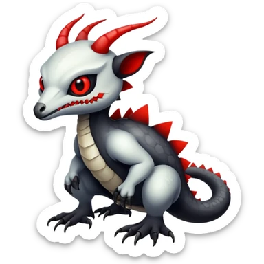 a white exotic edgy vernid-fionbr-Fakémon-creature, with black belly and red eyes, full body sticker