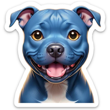 Cinematic Comical Blue Staffordshire Bull Terrier Portrait Emoji, Head tilted dramatically with an exaggeratedly amused expression, featuring a striking blue Fur with a subtle shimmer, wide, expressive dark eyes filled with playful disbelief, Simplified yet hilariously expressive features, highly detailed, glowing with a slightly sassy glow, high shine, dramatic yet playful, stylized with an air of cheeky mischief, bright and endearing, soft glowing outline, capturing the essence of a spirited and over-the-top guardian, so meme-worthy it feels like it could side-eye its way into internet fame instantly! sticker