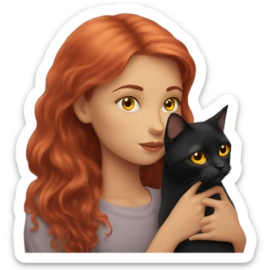 A red-haired girl kisses a black British cat with yellow eyes sticker