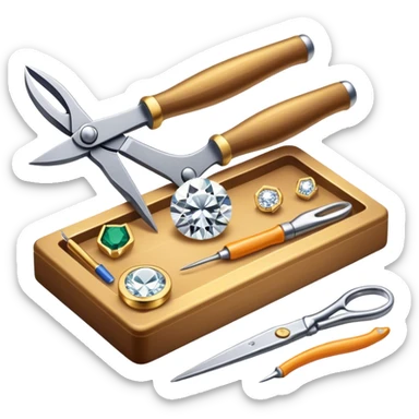 Create a bright and detailed icon representing jewelry art and the craft of making jewelry. The design should feature elements like a sparkling diamond, a gold ring, a jeweler’s tools (such as pliers and a workbench), and some delicate detailing that conveys craftsmanship and luxury. The icon should be clean, vibrant, and visually striking, with a balance of sophistication and creativity. sticker