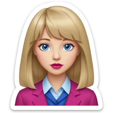 Woman with long dark blond hair and bang, blue eyes, raspberry lip, with classy clothe emoji sticker