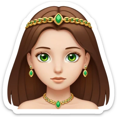 Girl with straight brown hair, green eyes and gold jewellery sticker