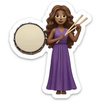 White woman standing with long flowing purple dress and long wavy brown hair holding a small handheld frame drum and a drum stick sticker