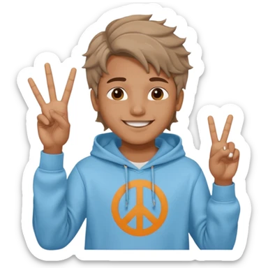 An indian boy in a light blue hoodie with wavy flow hairstyle showing peace sign sticker