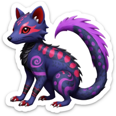 Rare warm-colored exotic gloomy tropical edgy cute epic aesthetic spooky indigo violet white black red gothic colorful Salandit-Noibat-Civet-species-Fakemon-hybrid-creature, with tribal tattoo markings, full body sticker