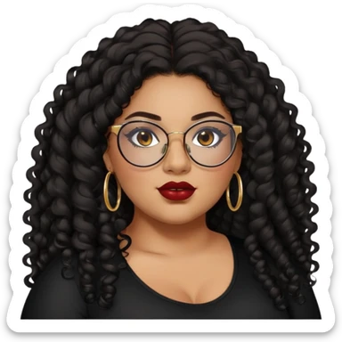 teen big plus size, latina, darker tan skin, gold hoops, long black curly hair, baddie,pretty, makeup, dark red lipgloss, black eyeliner, long hair, black top, black glasses sticker