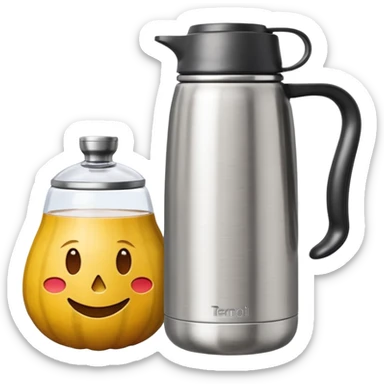 thermal water bottle with lid next to a stainless steel cup with a tereré gourd inside, emoji style sticker