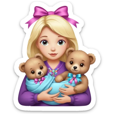 woman holding baby bears with ribbons and crystals sticker