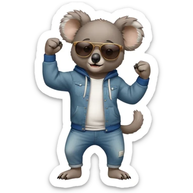 anthropomorphised koala, full body, wearing a hoodie and jeans, dark sunglasses, shaking fist in a different pose sticker