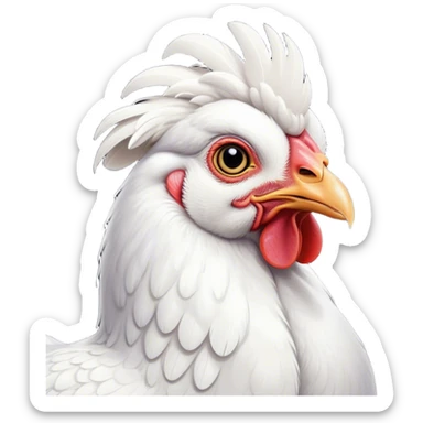 Cinematic Noble White Chicken Portrait Emoji, Poised and regal, with a compact, sturdy build and a pristine, well-groomed pure white plumage, deep-set soulful beady eyes, Simplified yet sharp and sophisticated features, highly detailed, glowing with a soft, dignified glow, high shine, intelligent and alert, stylized with an air of barnyard elegance, focused and attentive, soft glowing outline, capturing the essence of a watchful and confident fowl, so majestic it feels as though it could strut out of the screen with effortless authority! sticker