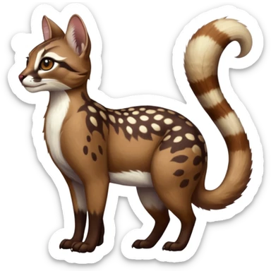Colorful dark realistic chocolate-brown tropical beige fur glorious divine exotic cute cool beautiful shiny beautiful fantasy-caracal-civet-genet-sergal-vernid-Cacomistle-oncilla-animal-hybrid-fursona with white deer-spots pattern markings (full body) sticker