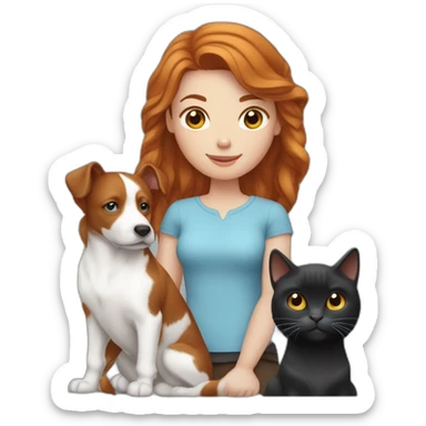 Femme rousse aux yeux bleus avec son chien noir, son cheval marron et son chat blanc sticker