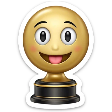 An Oscar statuette with a black base and a smiling round emoji face for the head, with its tongue sticking out. The emoji face should have no rosy cheeks, just a simple yellow face with black eyes and a wide, playful mouth. sticker