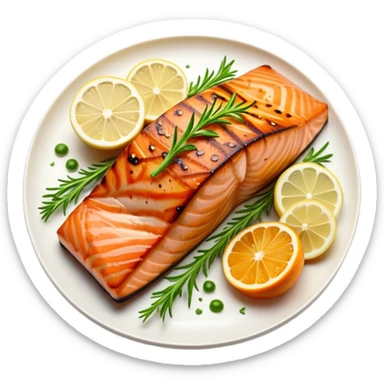 Cinematic perfectly grilled salmon, rich orange hues with crispy skin, garnished with fresh herbs, drizzled with lemon, ultra-detailed and delicious. sticker