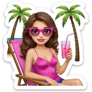 girl with long wavy brown hair, brown eyes, long lashes makeup, sexy pink lips, smiling, light to medium complexion, wearing a pink sexy silk top, relaxing in a beach chair, wearing black sunglasses, holding a drink, palm trees  sticker