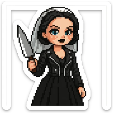 Make Chucky’s bride doll hold a knife, keep her in a black dress and leather jacket with dark makeup, pixel art style sticker