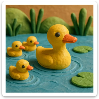 duck family swimming in a pond, vibrant colors, soft lighting, textured look, claymation style sticker