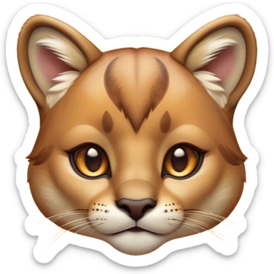 Cinematic Cute Cougar Portrait Emoji, Head tilted playfully and inquisitively, featuring a glossy, tawny Fur with delicate dark markings and round, sparkling amber eyes filled with curious mischief, Simplified yet irresistibly adorable features, highly detailed, glowing with a warm, friendly glow, high shine, affectionate and agile, stylized with a touch of wilderness whimsy, bright and endearing, soft glowing outline, capturing the essence of a mischievous yet loving cougar, so playful it feels like it could prowl out of the screen and into your arms! sticker