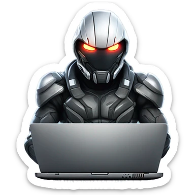 developer behind his laptop with this style : Crytek Crysis Video game with nanosuit character hacker themed character sticker