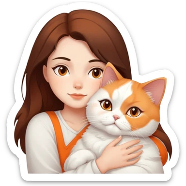 Brunette girl snuggling white orange Persian cat emoji to use or share on Discord and Slack. sticker