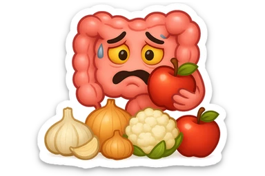 EMOJI STILE IPHONE DI UN INTESTINO UMANO IN CRISI PERCHé STA MALE, IN BOCCA HA UNA MELA E DAVANTI A LUI C'è UNA MONTAGNA DI aglio, cipolle, cavolfiore e mele sticker
