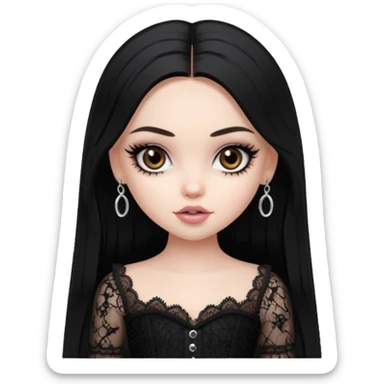 pale skin, girly bratz baddie, beautiful dark brown eyes, pretty makeup, long dark black straight hair, girly lace clothes sticker