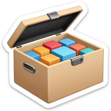Minimalistic flat vector icon, iOS style, thin black contour on white background. Open box with neatly arranged objects inside. No text, no shadows.
 sticker