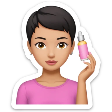 tan girl pink shirt with black hair & a pixie, cut no earrings, doing skin care sticker