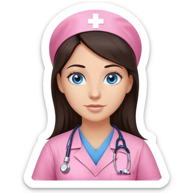 Female nurse, Very long dark brunette hair, blue eyes,medium skin- tone, skin, pink scrubs, without hat sticker