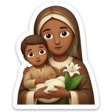 Santo Antônio with brown tunic, holding Baby Jesus and a white lily, serene and friendly expression sticker
