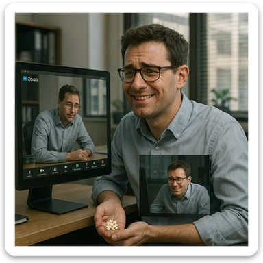 Man in his mid-30s on a work Zoom call, pretending to smile, hidden hand clutching caffeine pills under the desk, screen reflection shows collapsed posture while virtual avatar is upright and energetic, hyperrealistic 4K, office environment, subtle tension sticker