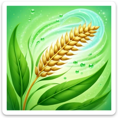 Golden wheat ear floating among green leaves and bright particles, spinning around an ethereal digestive system with soft light texture, while subtle cleansing waves pass through the air like a purifying spell sticker