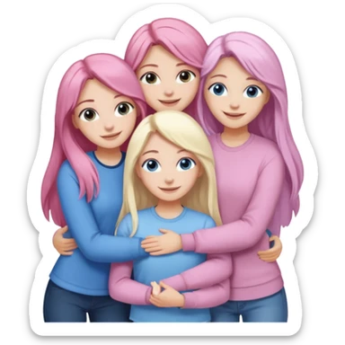 four white girlfriends hugging and smiling    2 girls with brown eyes and long dark brown hair. One with long light pink hair and blue eyes, one girl with blue eyes and light blonde hair sticker