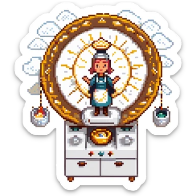 A divine baker surrounded by floating utensils, radiant ingredients, and a halo of light. The oven levitates, powered by pure energy. UI resembles clouds, golden rays, and ethereal scrolls—like a heavenly recipe interface. sticker