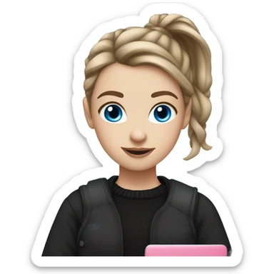 caucasian white IT girl student, holding pink laptop, blue eyes, brown hair ponytail wearing a thick black sweater sticker
