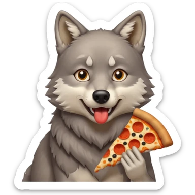 a sitting surprised grey wolf eating a piece of pizza emoji sticker