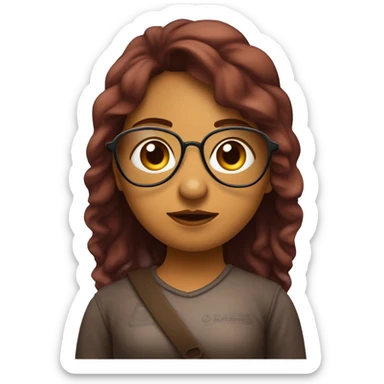 Chica con piel clara, ojos marrónes, pelo ondulado por encima del pecho y castaño que lleva gafas metálicas grandes de color granate y está envuelta en una manta sticker