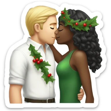 Light dark girl kissing white man under a mistletoe sticker