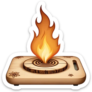 Pyrography icon, wooden board with intricate burn marks, pyrography tool (wood burner) in use, detailed patterns burned into the wood, minimalistic style, clean lines, transparent background. sticker