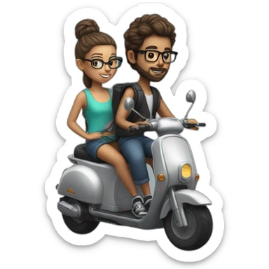 hyper realistic boy with long hair tied in a bun, beard, and glasses, riding a black scooter with a girl on the back sticker