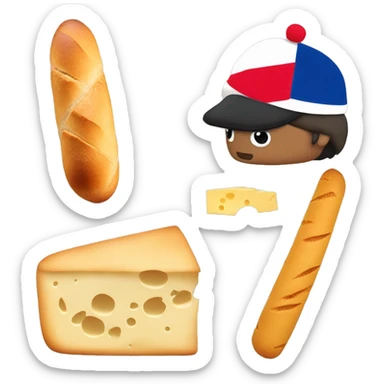 normal emoji with a beret and in the back the eifell tower and a baguette and some cheese sticker