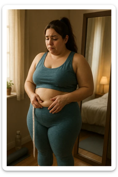 A realistic, cinematic illustration of a woman in her early 30s with a slightly rounded body shape, standing in front of a mirror in a softly lit bedroom, looking at her reflection with a thoughtful, slightly discouraged expression. She is wearing comfortable home workout clothes, holding a tape measure in one hand loosely, while her other hand gently touches her belly area, showing her frustration with slow weight loss progress. The room is cozy, with natural light filtering in, a yoga mat rolled up in the corner, a water bottle, and a small plant on the windowsill. The scene captures the emotional struggle and quiet determination of a woman facing difficulties in losing weight despite her efforts, with warmth and dignity. sticker
