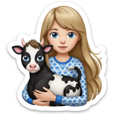 Apple-style emoji sticker of a young woman with long dark blond hair and bang, blue eyes , holding a cat black and white like a cow patch on her chest.  sticker