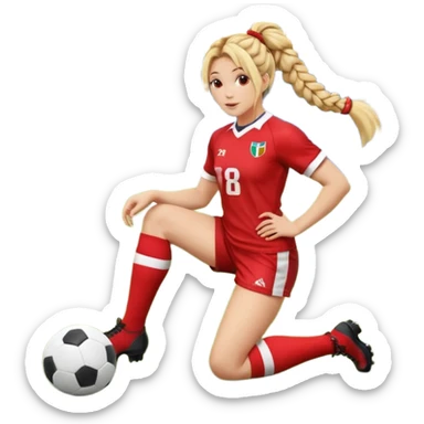 Chica de pelo rubio tirada en el suelo boca abajo agarrando un balón DE RUGBY con las manos vestida con una equipación de color rojo y blanco con líneas y con unas botas de tacos de fútbol, con un bucal en la boca y el pelo con trenzas, se la tienen que ver las 2 piernas  sticker